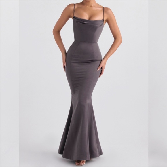 House of CB 'Violette' Shadow‎ Grey Satin Fishtail Maxi Gown NWOT size XS - Picture 4 of 10